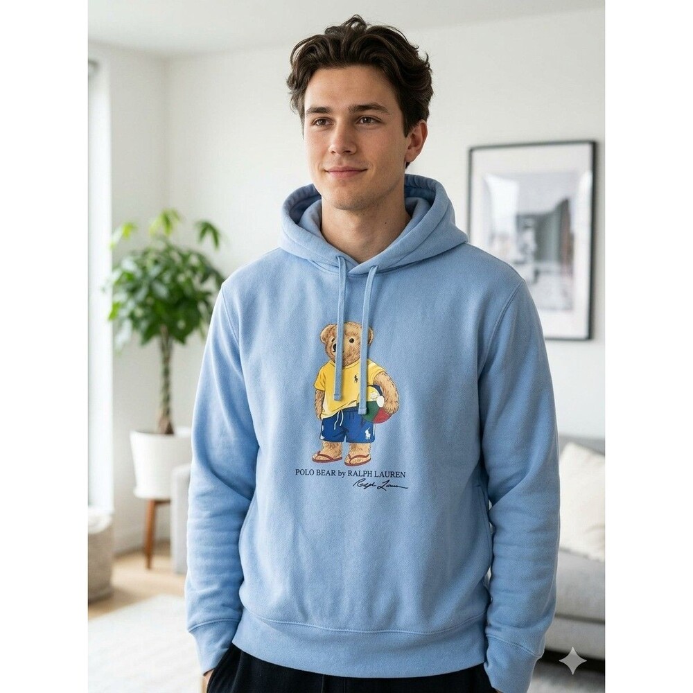 Polo Ralph Lauren Hoodie Mens Size S/P Blue Polo Bear Beach Graphic Pullover